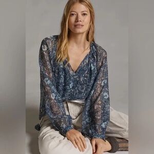 Anthropologie LetMeBe Boho Peasant Blouse Blue Paisley size Small